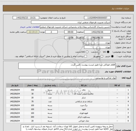 استعلام اقلام خوراکی عینا طبق لیست پیوست تامین گردد.