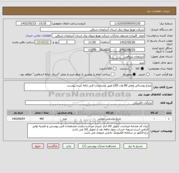 استعلام چراغ روشنائی معابر 80 وات LED طبق مشخصات فنی ارائه شده پیوست