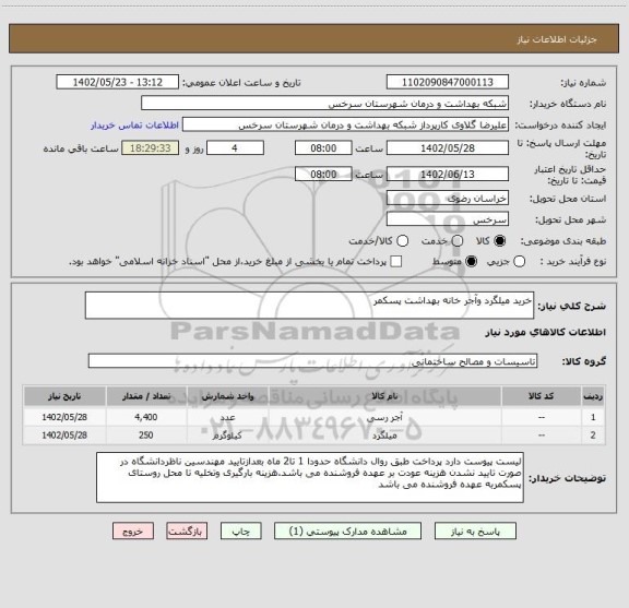 استعلام خرید میلگرد وآجر خانه بهداشت پسکمر