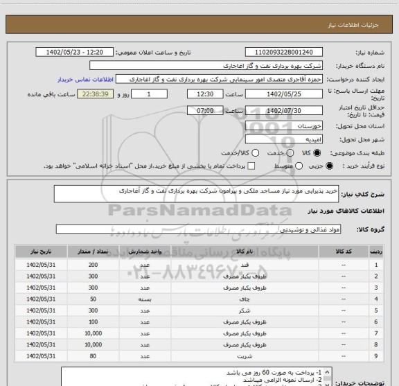 استعلام خرید پذیرایی مورد نیاز مساجد ملکی و پیرامون شرکت بهره برداری نفت و گاز آغاجاری