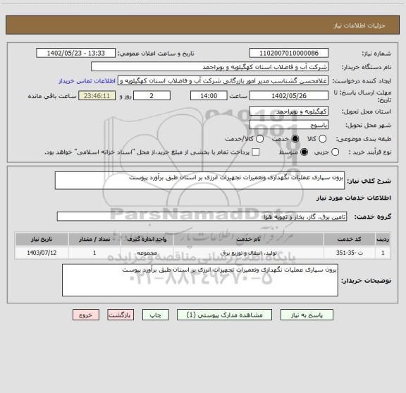 استعلام برون سپاری عملیات نگهداری وتعمیرات تجهیزات انرزی بر استان طبق برآورد پیوست