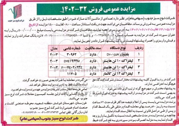 مزایده عمومی تعدادی از ماشین آلات مازاد
