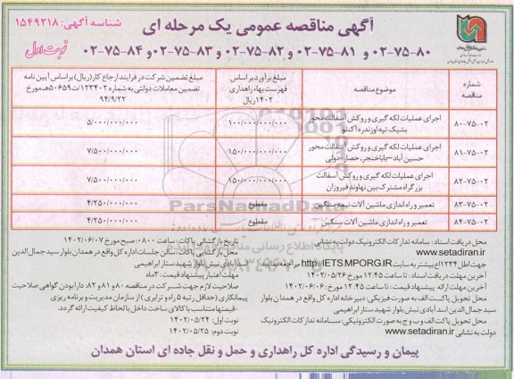 مناقصه اجرای عملیات لکه گیری و روکش آسفالت..