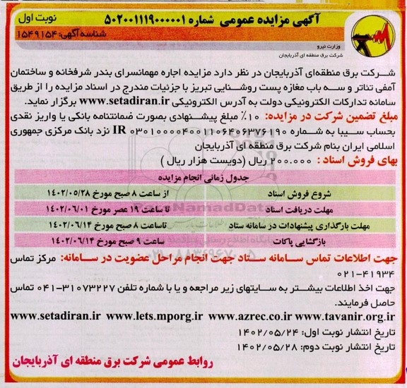 مزایده اجاره مهمانسرا و ساختمان آمفی تئاتر و سه باب مغازه