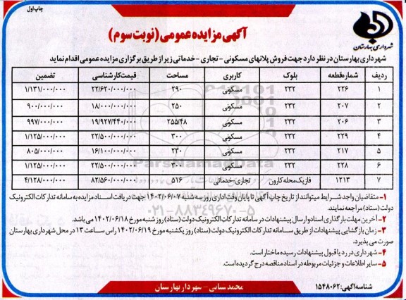مزایده فروش پلانهای مسکونی - تجاری - خدماتی - نوبت سوم