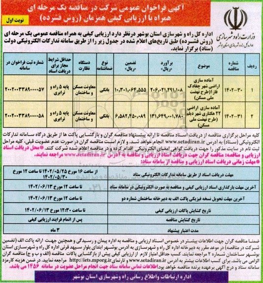 مناقصه آماده سازی اراضی شهر چغادک فاز 1...