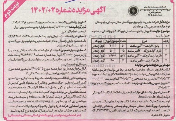 مزایده فروش باتری مستعمل نیروگاه - نوبت دوم