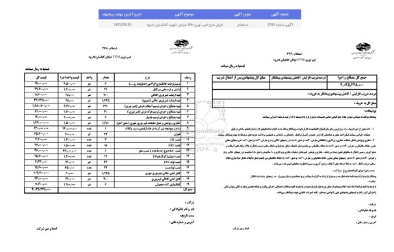 استعلام فیبر نوری FTTH  به شرح ترمیم ترانشه کانالسازی 2 و 3 سوراخه (پیاده رو ...) و ...