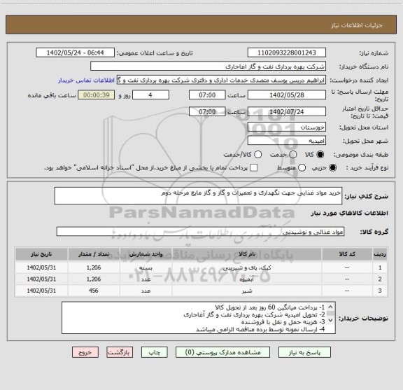 استعلام خرید مواد غذایی جهت نگهداری و تعمیرات و گاز و گاز مایع مرحله دوم