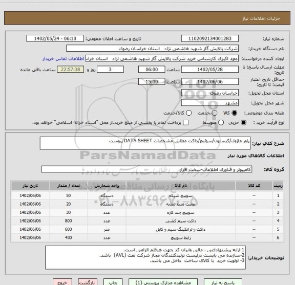 استعلام پاور ماژول/کیستون/سوئیچ/داکت مطابق مشخصات DATA SHEET پیوست