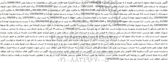 آگهی مزایده خطوط تلفن همراه به شماره های 09124313188 