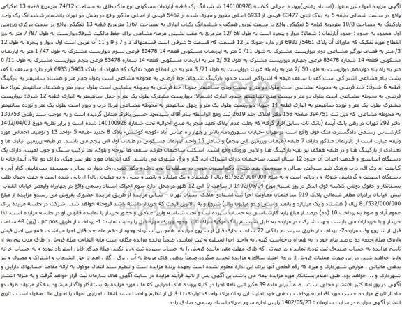 آگهی مزایده ششدانگ یک قطعه آپارتمان مسکونی نوع ملک طلق به مساحت 74/12 مترمربع قطعه 13 تفکیکی