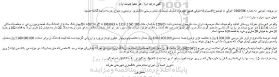 مزایده فروش چهاردانگ مشاع از ششدانگ یک قطعه زمین زراعی