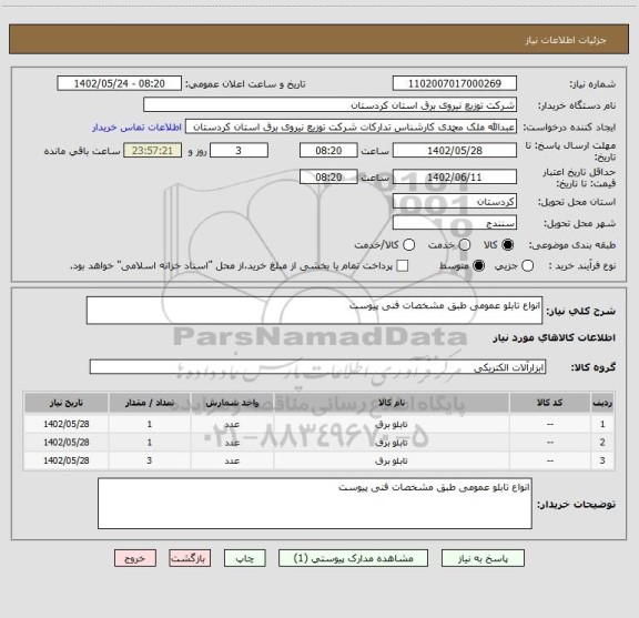 استعلام انواع تابلو عمومی طبق مشخصات فنی پیوست