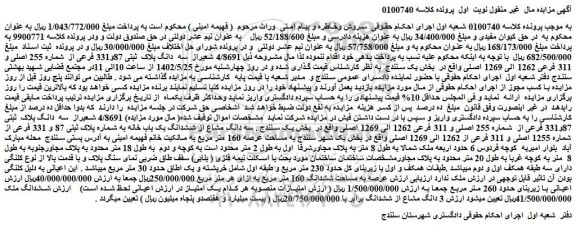 مزایده فروش 4/8691 شعیراز سه دانگ پلاک ثبتی 87و331 فرعی از شماره 255 اصلی و 311 فرعی 1262 الی 1269 اصلی