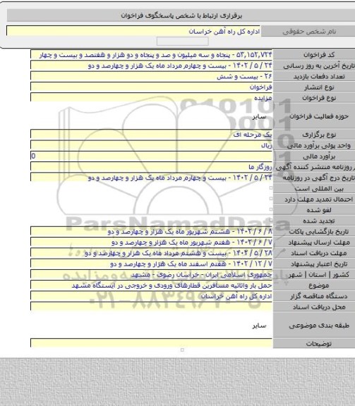 مزایده, حمل بار واثاثیه مسافرین قطارهای ورودی و خروجی در ایستگاه مشهد