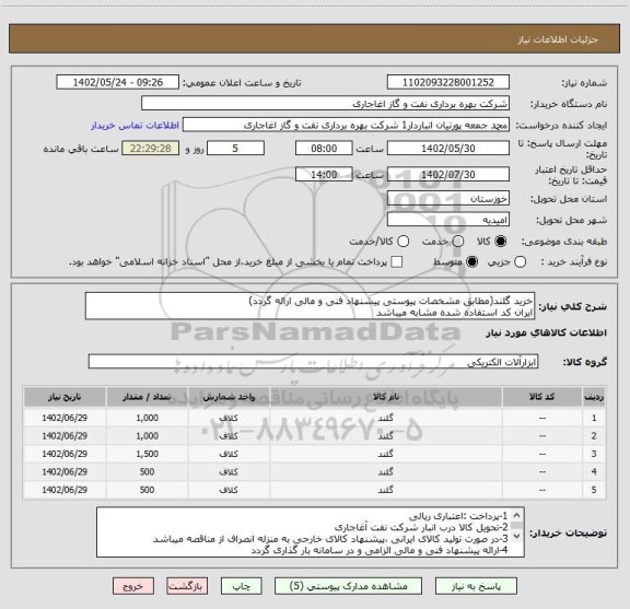 استعلام خرید گلند(مطابق مشخصات پیوستی پیشنهاد فنی و مالی ارائه گردد)
ایران کد استفاده شده مشابه میباشد