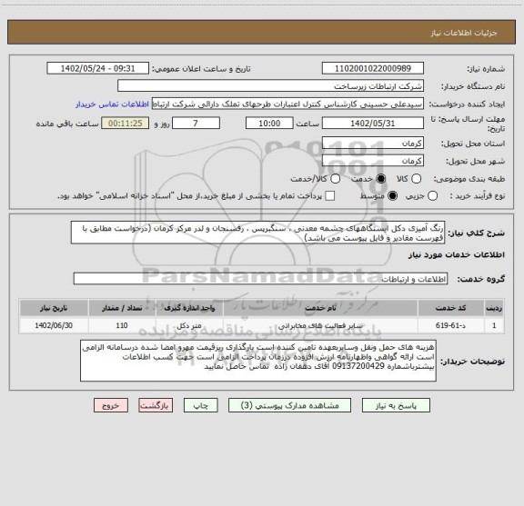 استعلام رنگ آمیزی دکل ایستگاههای چشمه معدنی ، سنگبرپس ، رفسنجان و لدر مرکز کرمان (درخواست مطابق با فهرست مقادیر و فایل پیوست می باشد)
