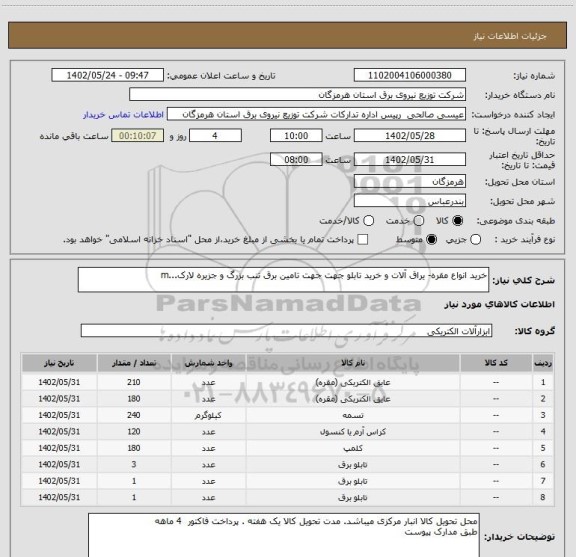 استعلام خرید انواع مقره- یراق آلات و خرید تابلو جهت جهت تامین برق تنب بزرگ و جزیره لارک...m