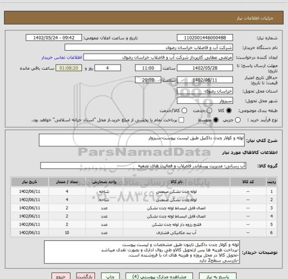 استعلام لوله و کولار چدن داکتیل طبق لیست پیوست-سبزوار