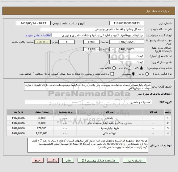 استعلام ظروف یکبارمصرف(لیست درخواست بپیوست می باشد)درجه1،باکیفیت ومرغوب،استاندارد دارای تائیدیه از وزارت بهداشت و بازرگانی