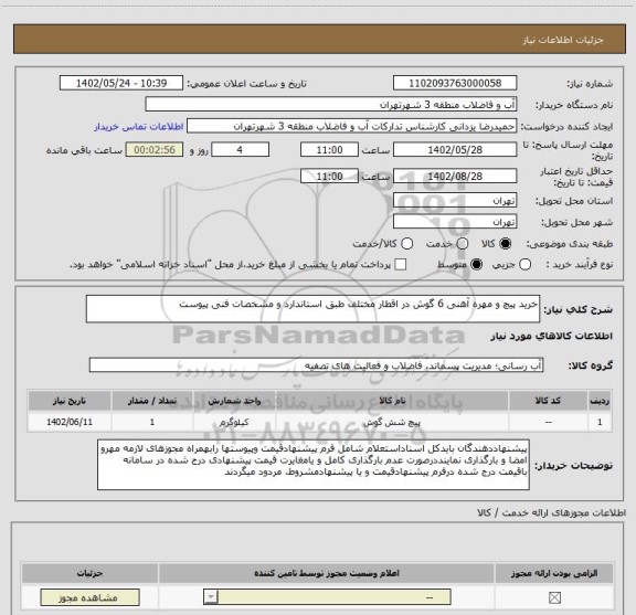 استعلام خرید پیچ و مهره آهنی 6 گوش در اقطار مختلف طبق استاندارد و مشخصات فنی پیوست