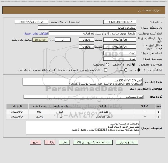 استعلام کابل 4*5 NYY ا 150 متر 
مشخصات کامل کالاهای درخواستی طبق لیست پیوست.(17ردیف)