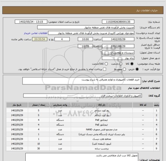 استعلام  خرید قطعات کامپیوتری و لوازم مصرفی به شرح پیوست