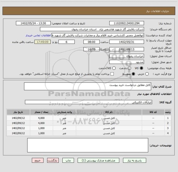 استعلام کابل مطابق درخواست خرید پیوست