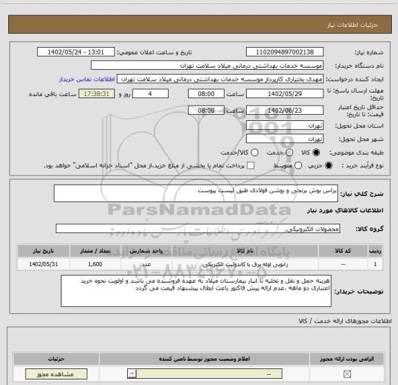 استعلام براس بوش برنجی و بوشن فولادی طبق لیست پیوست