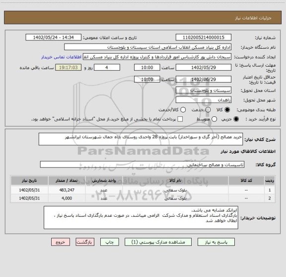 استعلام خرید مصالح (آجر گری و سوراخدار) بابت پروژه 28 واحدی روستای چاه جمال شهرستان ایرانشهر