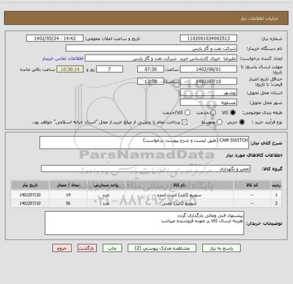 استعلام CAM SWITCH (طبق لیست و شرح پیوست درخواست)