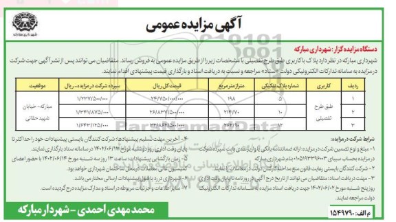 مزایده فروش پلاک با کاربری طبق طرح تفصیلی