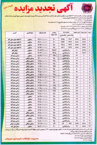 مزایده فروش تعداد 33 قطعه زمین مسکونی تجدید نوبت دوم