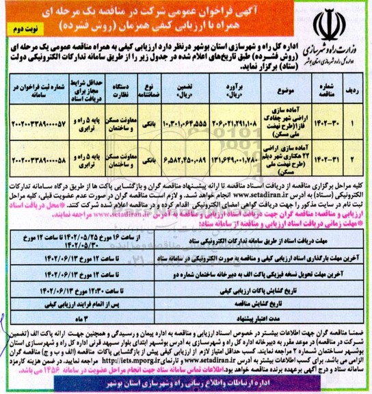 مناقصه آماده سازی اراضی شهر چغادک فاز 1... نوبت دوم 