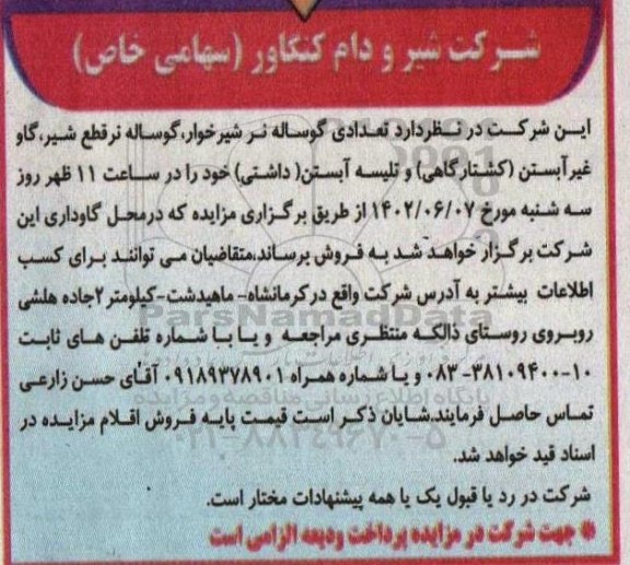 مزایده فروش تعدادی گوساله نر شیرخوار، گوساله نر قطع شیر و ...