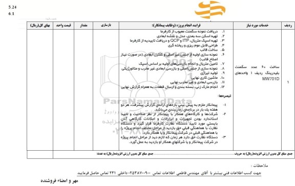 استعلام ساخت 60 عدد سگمت بلیدرینگ ردیف 1 واحدهای MW701D