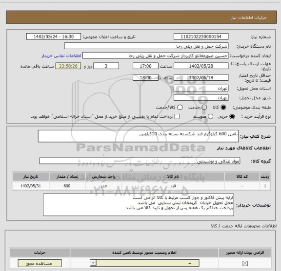 استعلام تامین 600 کیلوگرم قند شکسته بسته بندی 10کیلویی
