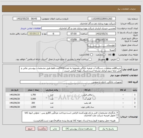 استعلام خرید8قلم متغلقات دستگاه آب تصفیه خانگی مجموعا به تعداد5900عدد.فقط طبق مشخصات پیوستی مالی و فنی ارایه شود.ایرانکد مشابه است.ارسال نمونه الزامی است.