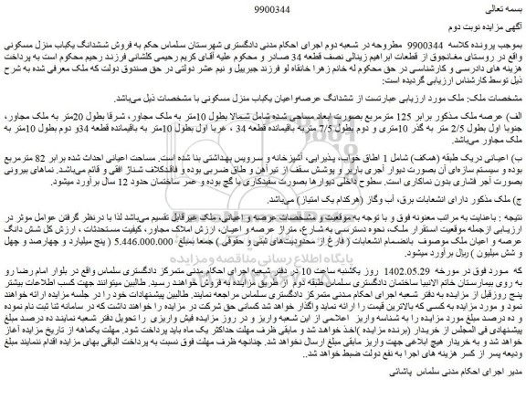 مزایده فروش ششدانگ عرصه واعیان یکباب منزل مسکونی 