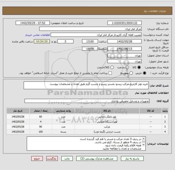 استعلام خرید تونر کارتریج،مرکب ریسو ،مستر ریسو و چسب گرم طبق تعداد و مشخصات پیوست