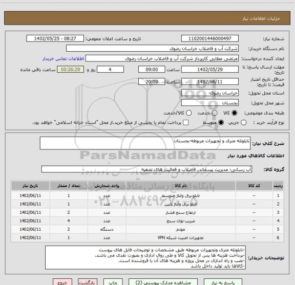 استعلام تابلوتله متری و تجهیزات مربوطه-بجستان