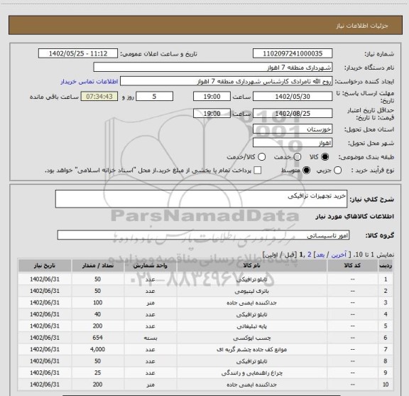 استعلام خرید تجهیزات ترافیکی