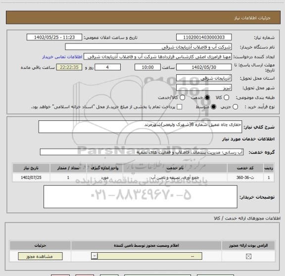 استعلام حفاری چاه عمیق شماره 8(شهرک ولیعصر)شهرمرند