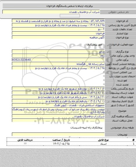 مناقصه, برونسپاری راهبری منابع  آب تاسیسات پمپاژ،انتقال شهرستان کبودراهنگ ۱۴۰۲/۱۶۵/ع