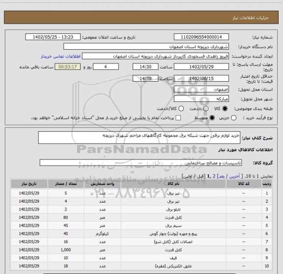 استعلام خرید لوازم برقی جهت شبکه برق مجموعه کارگاههای مزاحم شهری دیزیچه