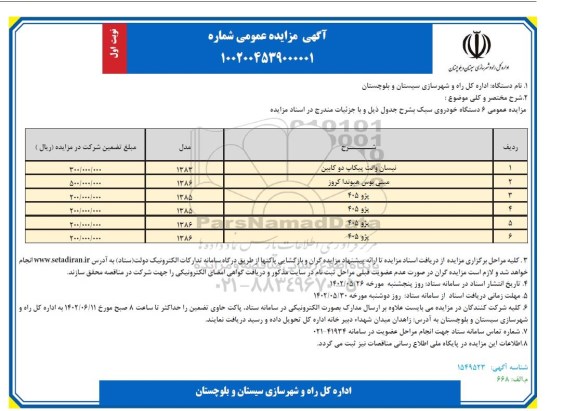مزایده عمومی فروش 6 دستگاه خودروی سبک
