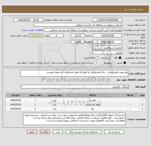 استعلام پاور یونیت هیدرولیکی ، جک هیدرولیکی و تابلو برق طبق مشخصات لیستهای پیوست