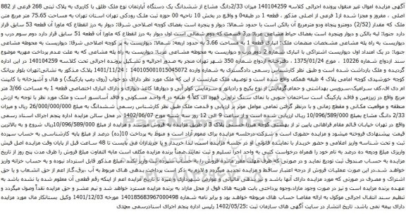 آگهی مزایده میزان 2/33دانگ مشاع از ششدانگ یک دستگاه آپارتمان نوع ملک طلق با کاربری به پلاک ثبتی 268 فرعی از 882 اصلی