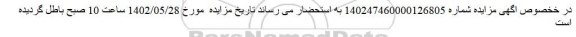 مزایده فروش ششدانگ یک قطعه زمین با بنای احداثی به مساحت 700 متر مربع قطعه 90 تفکیکی پلاک 97 فرعی مفروز ومجزی شده از 5 فرعی از 25 اصلی ابطال